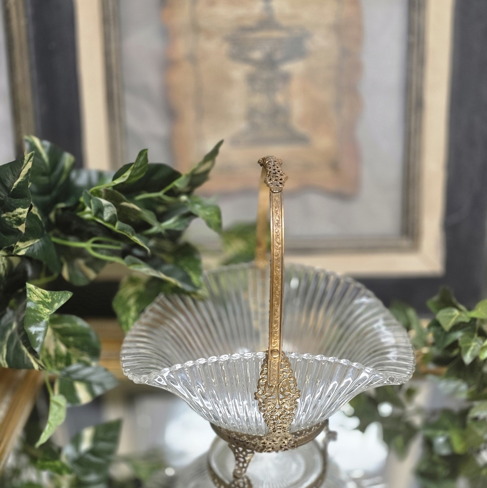 Vintage Elegant Glass Bridal Basket with Ormolu Mounted Base & Handle